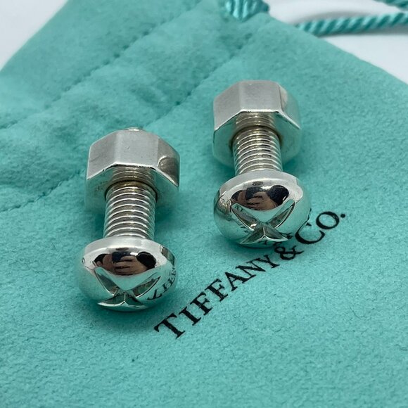 Tiffany & Co Silver Nut Bolt Cufflinks Cuff Link Links w/ Pouch - Picture 3 of 14